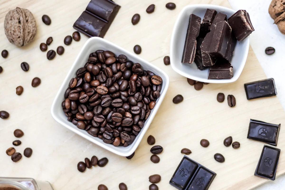two cup of coffee beans and chocolate bars with cocoa beans