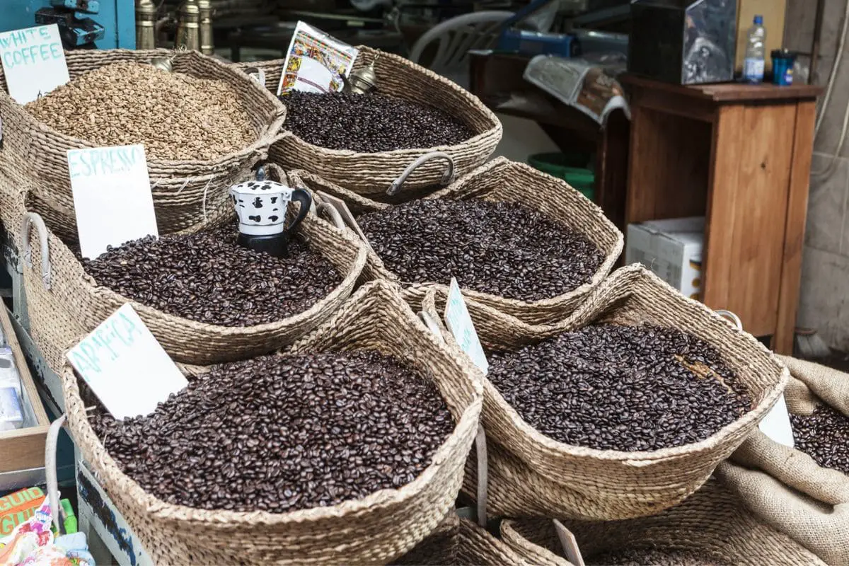 Coffee shop with sack of black coffee beans