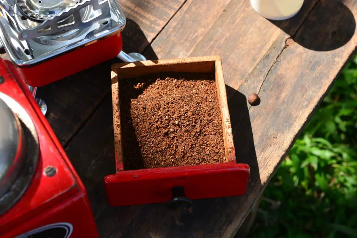 coffee grounds on a wooden bench