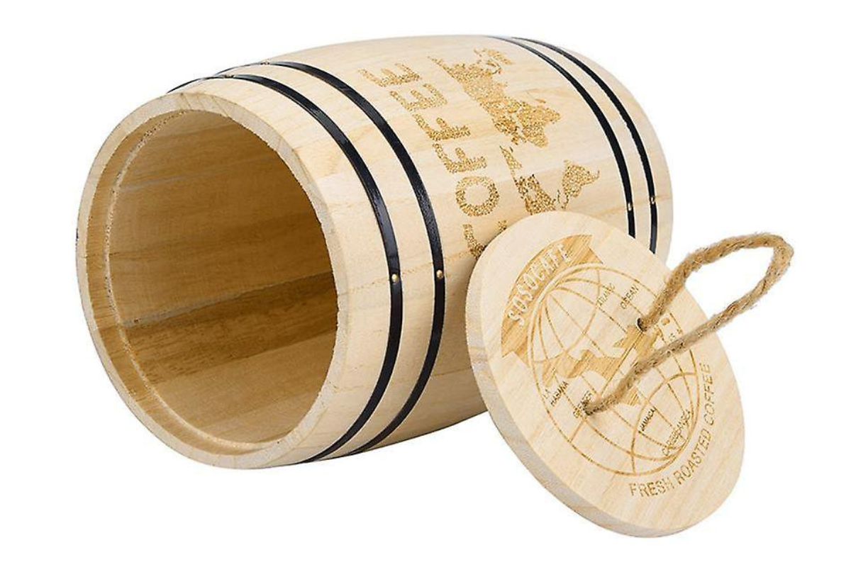 wooden barrels storing coffee beans