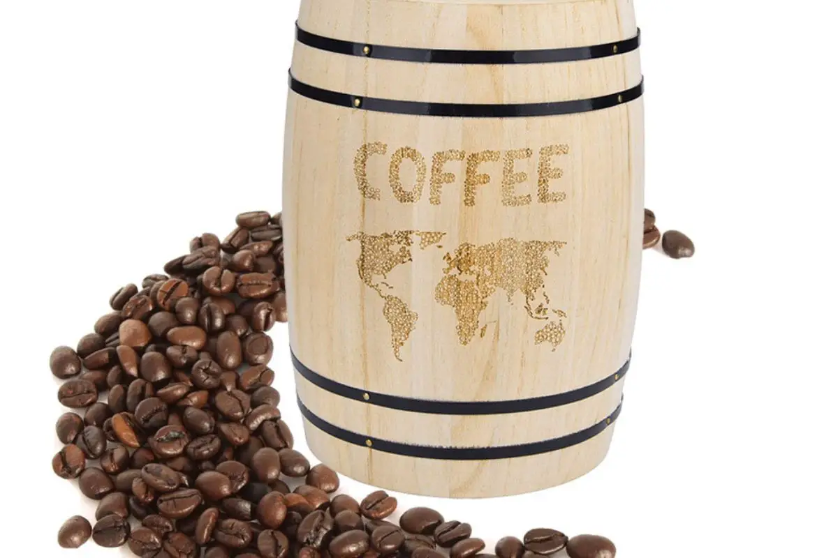 wooden barrel storing coffee beans